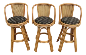Hollywood Regency Swivel Bamboo Rattan Barstools a Set of Three 6380