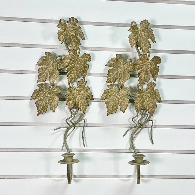 Rustic European 1950s Vintage Italian Rustic European Tole Leaf Candle Sconces - A Pair. For Sale - Image 3 of 13