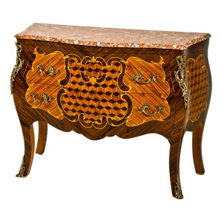 Handcrafted Italian Marquetry Bombe Chest With Marble Top For Sale