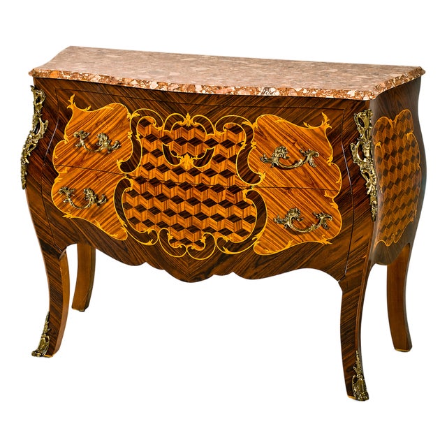 Handcrafted Italian Marquetry Bombe Chest With Marble Top For Sale