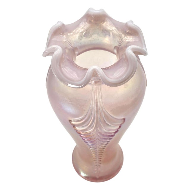 Fenton Pink Opalescent Carnival Glass Feather Pattern Ruffled Vase, Mid-Century For Sale - Image 11 of 16