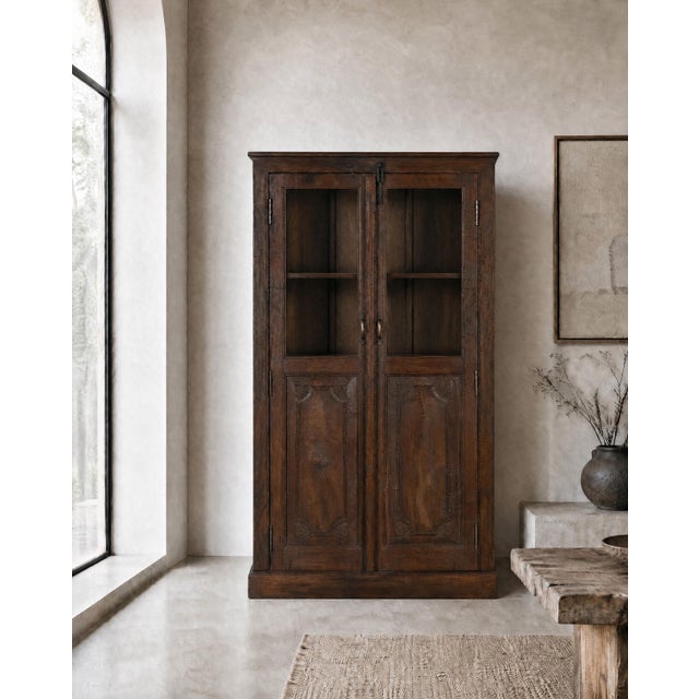 Antique Indian Armoire | Glass Display Cabinet | Vintage Teak Wood Cabinet | Wabi Sabi Decor For Sale - Image 6 of 6