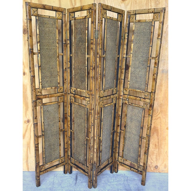 1970s Architectural Four-Panel Faux Bamboo and Rattan Room Divider, 1970s For Sale - Image 5 of 10