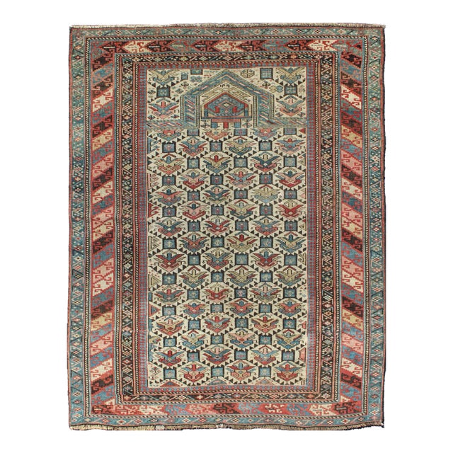 Late 19th Century Antique Caucasian Fine Shirvan Rug in Ivory Background & Multi Colors For Sale