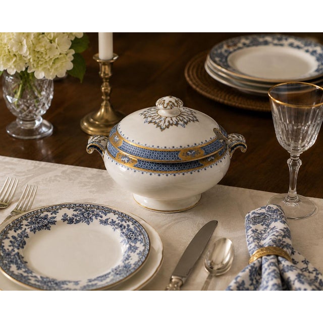 A refined antique English covered tureen in the Dalmeny pattern by Hancock, Whieldon & Co., produced circa 1890–1910. This...