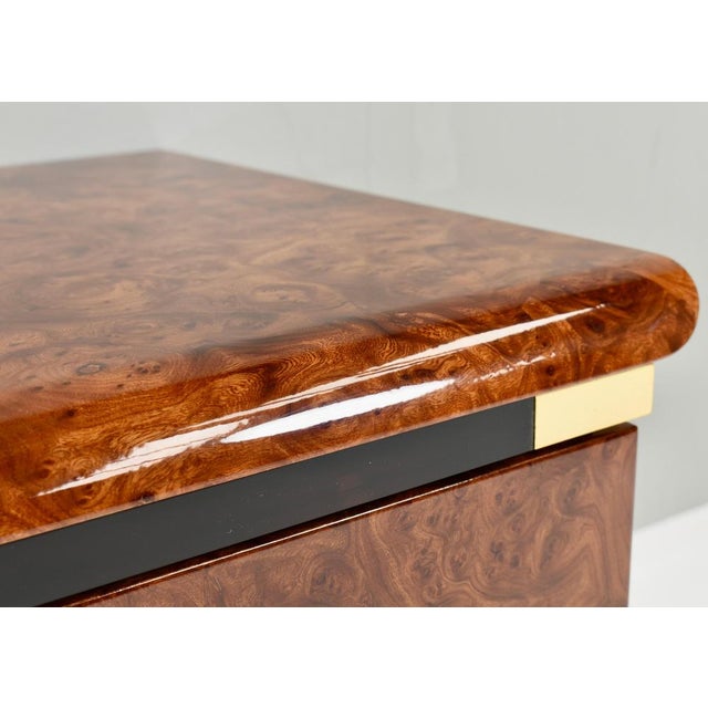 Italian Drawer Credenza in High Gloss Burl and Brass, Italy, 1970s For Sale - Image 12 of 15
