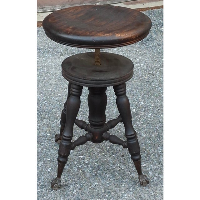 Victorian 19th Century Oak Revolving Piano Stools With Glass Ball Claw Feet For Sale - Image 3 of 12