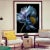 A surreal botanical study capturing a luminous blue flower unfurling against darkness. Silken petals glow with violet...