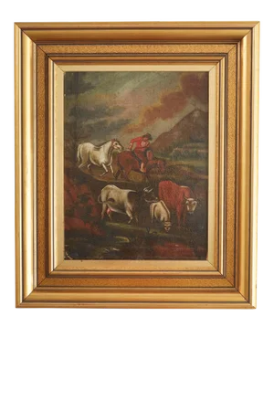 19th Century Dutch Figurative Hillside Scene Oil Painting, Framed