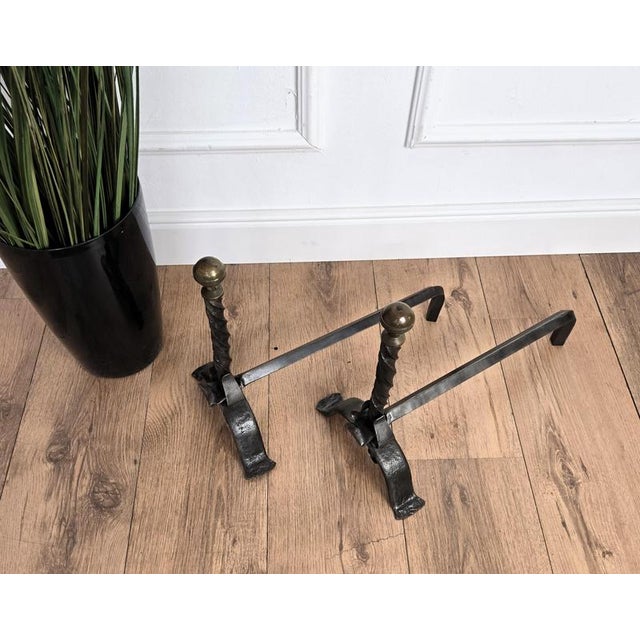 Vintage Italian Turned Andirons in Wrought Iron, 1920s, Set of 2 For Sale - Image 6 of 7