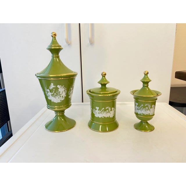 Hollywood Regency Vintage Green & Gold Lidded Jars With White Couple & Cupid Scene -Set of 3 For Sale - Image 3 of 11