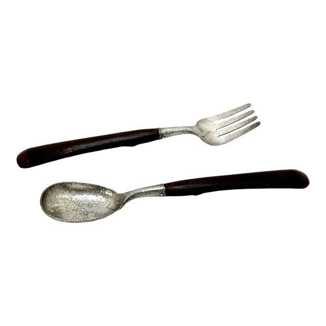 Antique Early 1900s American Arts & Crafts Handmade - Hand Wrought Sterling Silver Oak Handle Salad Serving Set For Sale