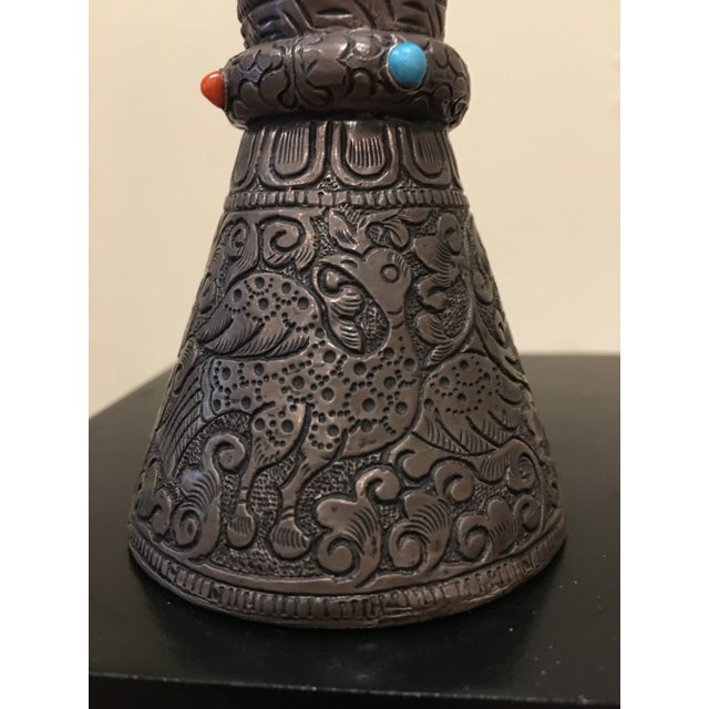 Very special old Tibetan seal made of coin silver topped with large polished chunk of Lapis Lazuli. Decorated with...