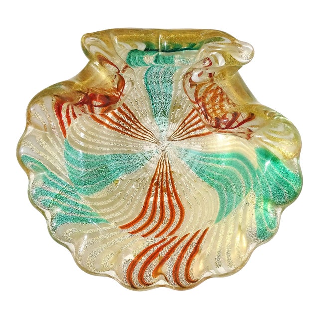 Vintage Murano Mosaic Green White Orange Stripes Gold Flecks Italian Art Glass Seashell Dish Bowl For Sale