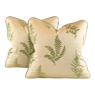 Maxwell P Kaufmann Green & Pale Yellow Botanical Fern Frond Leaf Embroidered Woven Pillow Covers- Pair For Sale
