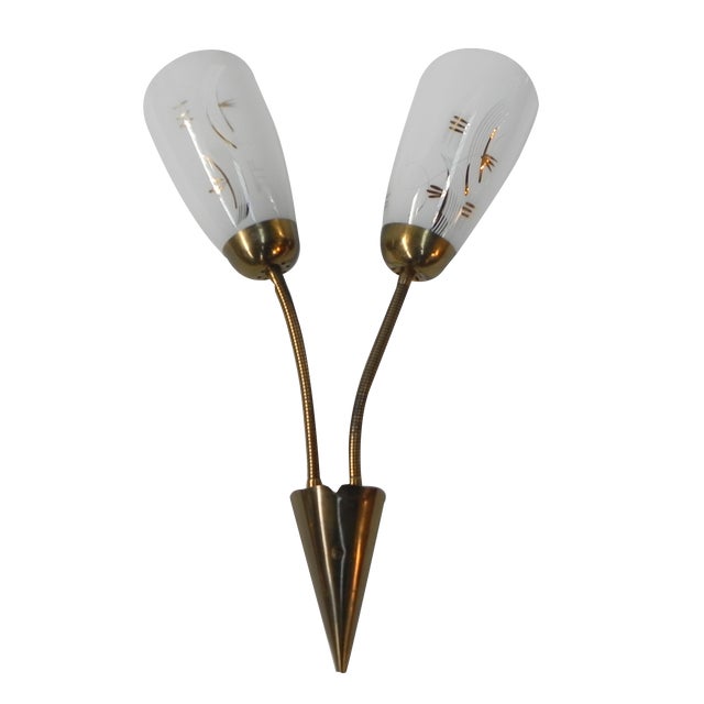 Vintage Wall Lamp with Tube Rods and 2 Glass Shades, 1950s For Sale