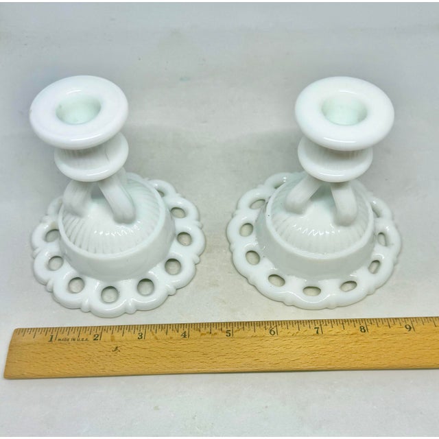 Mid-20th Century Westmoreland Milk Glass Doric Open Lace Candle Holders - A Pair For Sale - Image 10 of 12