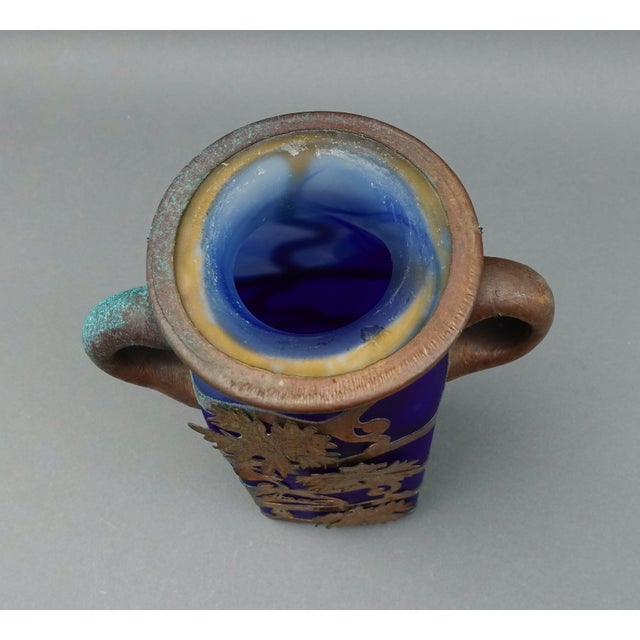 Mid 20th Century Anca Podaru Ama Romanian Copper Overlay Handled Art Glass Nouveau Vase For Sale In Miami - Image 6 of 10