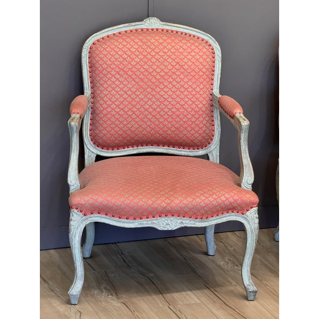 French Pair of Late 18th C. French Fauteuils in Fortuny Fabric For Sale - Image 3 of 14