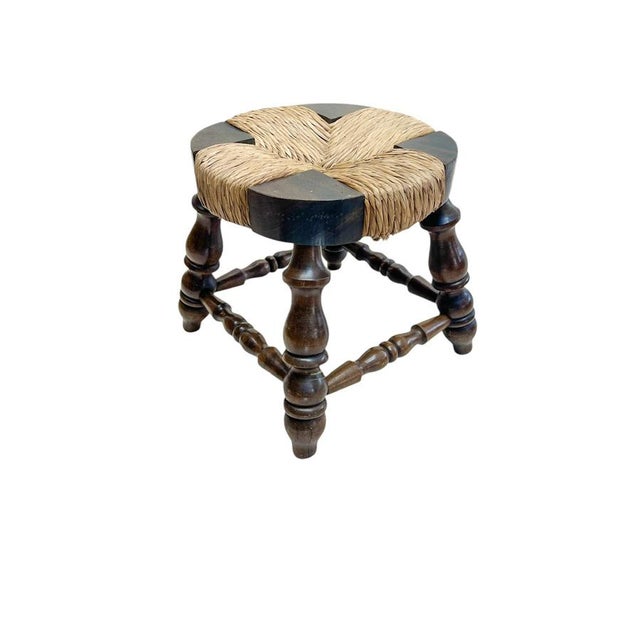 Vintage French Low Beech and Rush Stool, 1970s For Sale - Image 4 of 9