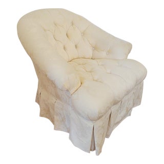 20th C Baker Furniture Cream Damask Tufted Club Lounge Chair For Sale