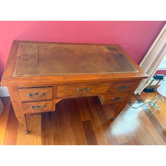 Wood Antique Walnut Leather Top French Writing Desk For Sale - Image 7 of 7