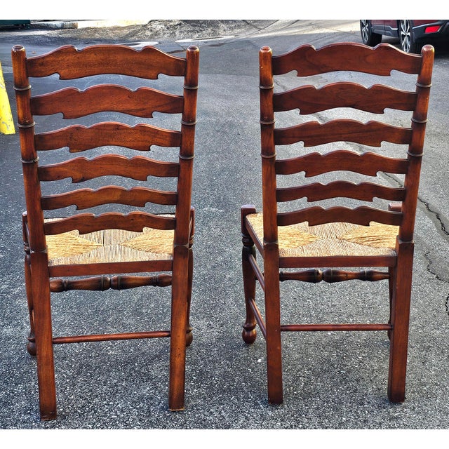 Late 20th Century Set of Six English Oak Faux Bamboo Mahogany Six-Splat Ladder Back Chairs With Rush Seats For Sale - Image 11 of 13