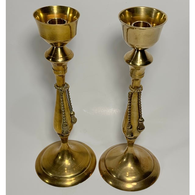 Vintage Brass Tassel Candlestick Pair For Sale - Image 10 of 10