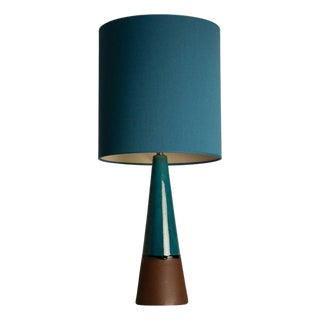 Aqua and Brown Ceramic Table Lamp with Silk Lampshade attributed to R. Houben, 1950s For Sale