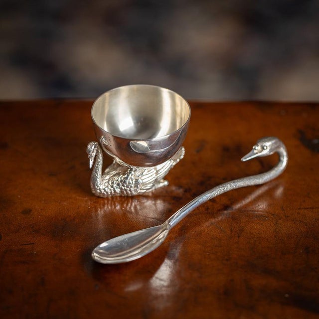 Late 20th century solid silver novelty swan shaped salt & spoon, beautifully cast and realistically modelled as a swan,...