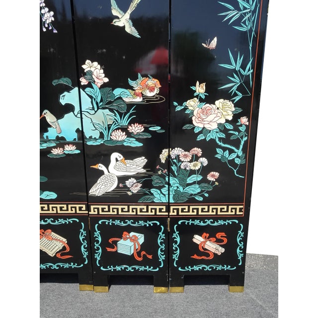 Vintage Oriental Asian Blue Coromandel Four Panel Screen Room Divider W Swans For Sale - Image 4 of 12