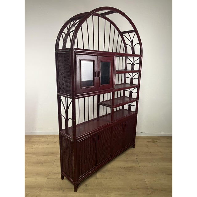 Maroon Vintage Italian Burgundy Bamboo Wicker Bar Cabinet and Stools, 1970s, Set of 5 For Sale - Image 8 of 9