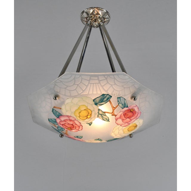 Metal Loys Lucha French Art Deco Pendant Light 1930s - Octagonal Pink Rose Enameled Shade For Sale - Image 7 of 16