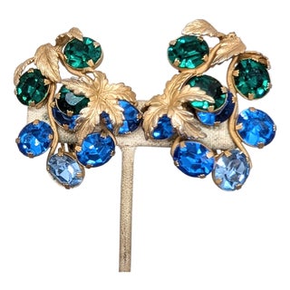 Vintage Signed Napier Goldtone Faux-Emerald, Sapphire & Aquamarine Ombre Clip Earrings- 2 Pieces For Sale