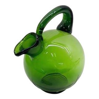 1960s Mid-Century Modern Hand-Blown Green Glass Globe Cruet With Stopper For Sale