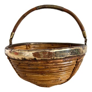 Gabriella Crespi Style Coiled Rattan Bowl With Brass Trim For Sale