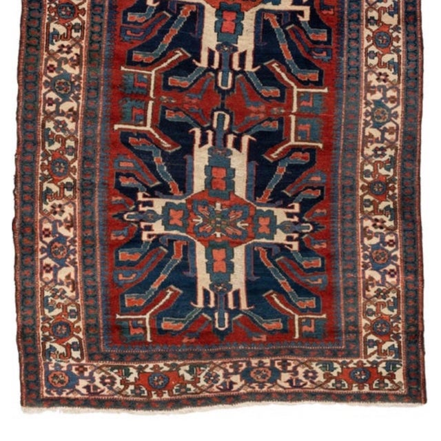 Tribal Red Ivory Navy Blue Tribal Geometric Caucasian Kazak Rug c. 1940 For Sale - Image 3 of 4