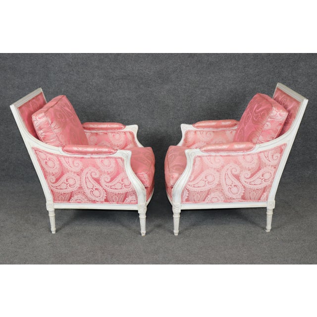 1960s 1950's Pair Beautifully Tailored French Louis XVI Style Painted Bergere Chairs For Sale - Image 5 of 9