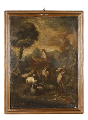 Landscape with Shepherd and Sheep, 1700s, Oil on Canvas, Framed