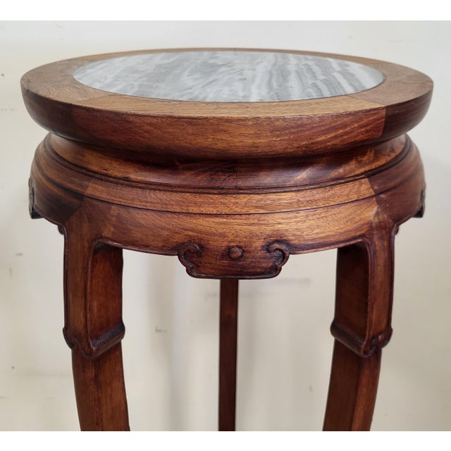 Pair Vintage Chinese Bamboo Carved Hardwood & Marble Top Plant Stand Pedestals For Sale In New York - Image 6 of 18
