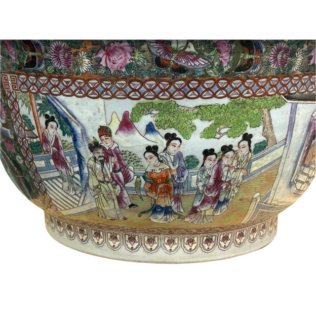 1970s Vintage Chinese Famille Rose People House Graphic Large Porcelain Bowl Pot For Sale - Image 5 of 12