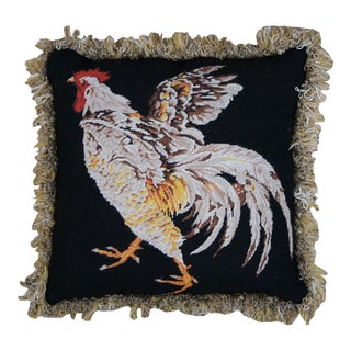 Mid 20th Century Rooster Needlepoint Embroidered Down Filled Fringe Lumbar Throw Pillow For Sale