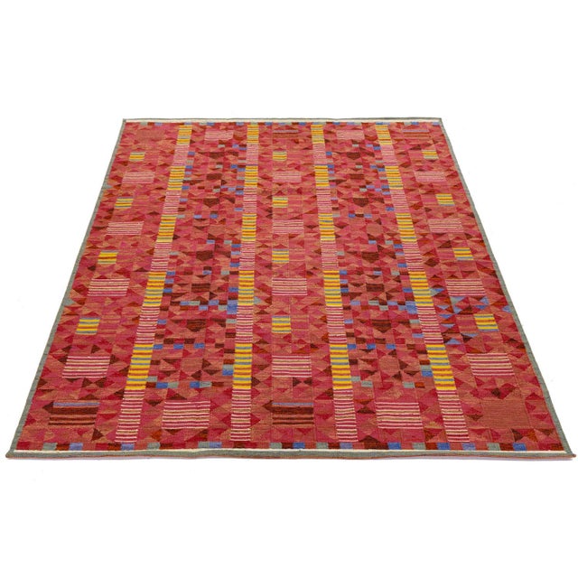 Cerulean Vibrant Terracotta Geometric Kilim Rug Modern Swedish-Style Wool Flatweave 10x14 For Sale - Image 8 of 10