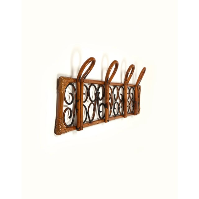 Mid-Century Italian Rattan and Bamboo Wall Coat Rack Stand, 1960s For Sale - Image 4 of 10