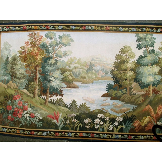 French Country Beautiful Aubusson Tapestry With Charming Country Landscape For Sale - Image 3 of 9