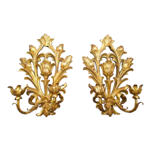 Pair of Italian Louis XVI Style Gilt Wood and Metal Two Light Wall Sconces