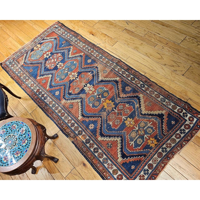 Vintage Persian Kurdish Tribal Rug, Hand-Knotted Wool, Geometric Pattern, Blue & Rust-Red, 4x8 For Sale - Image 4 of 14