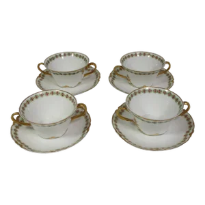 Antique Haviland Limoges Porcelain Bouillon Hand Painted Cup and Saucer Set- 8 Pieces