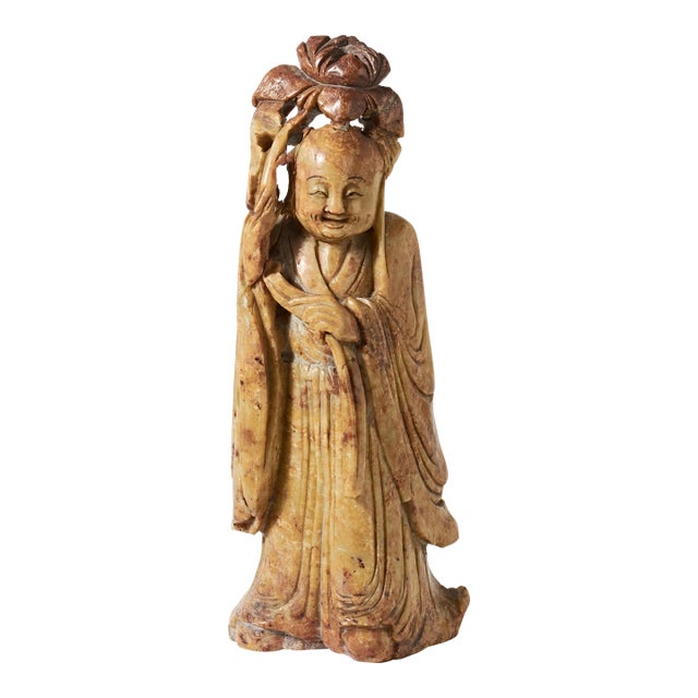 Early 20th Century Carved Jade Sculpture of Smiling Chinese Wise Man For Sale