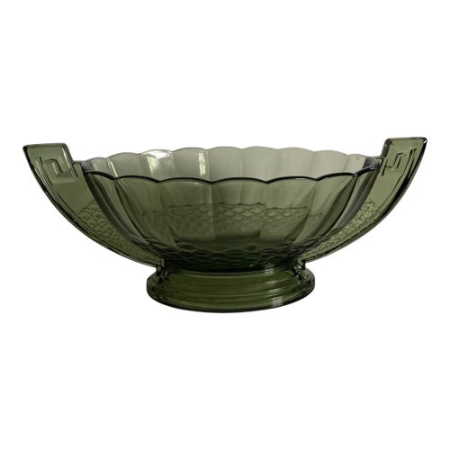 Vintage Val Saint Lambert Green Glass Grecian Style Handled Fruit - Main Image